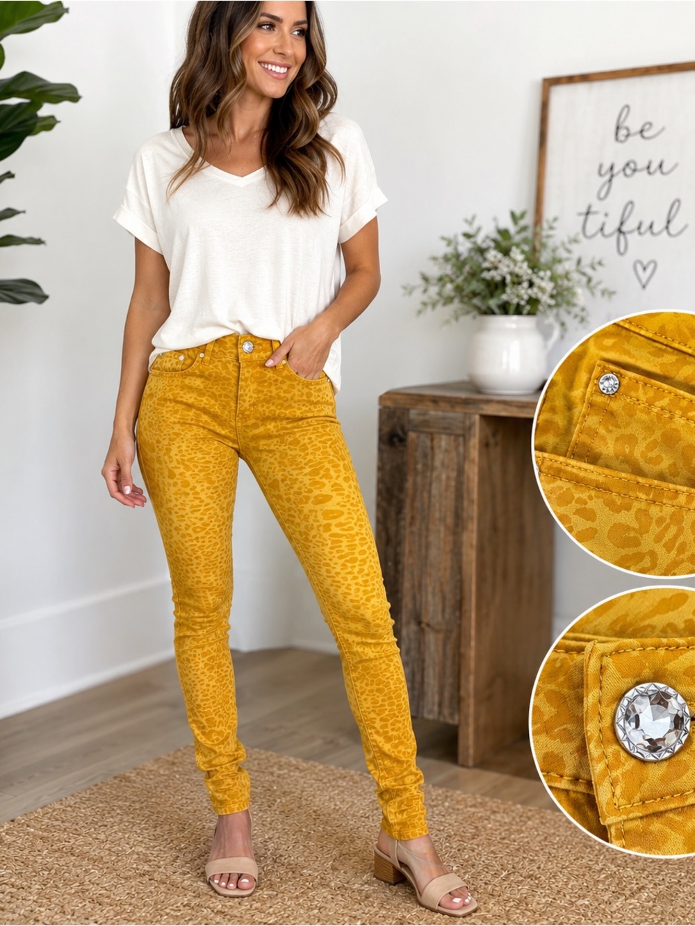 Puzzle Jeans Wear Mustard Yellow Leopard Print Rhinestone Skinny Jeans Size 5